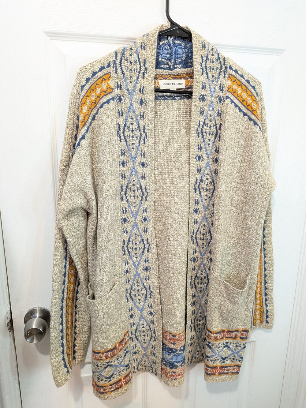 Lucky Brand Cream Open-Front Aztec Knit Cardigan with Blue & Yellow Accents